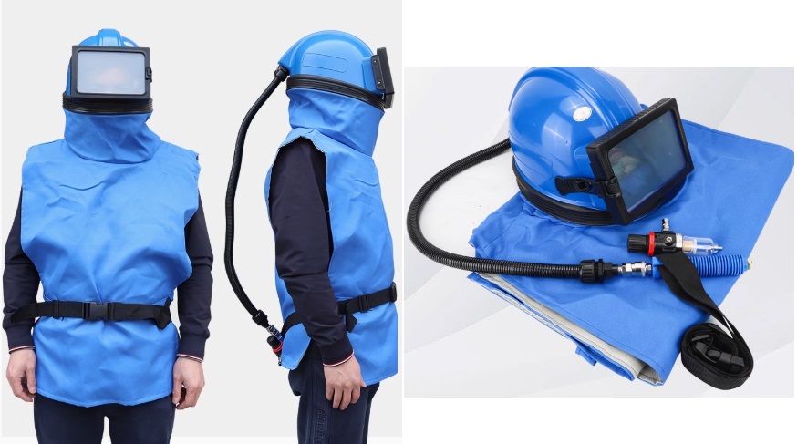 Mũ bảo hộ phun cát, mũ bảo hộ bắn bi có ống cấp khí và điều chỉnh nhiệt độ.